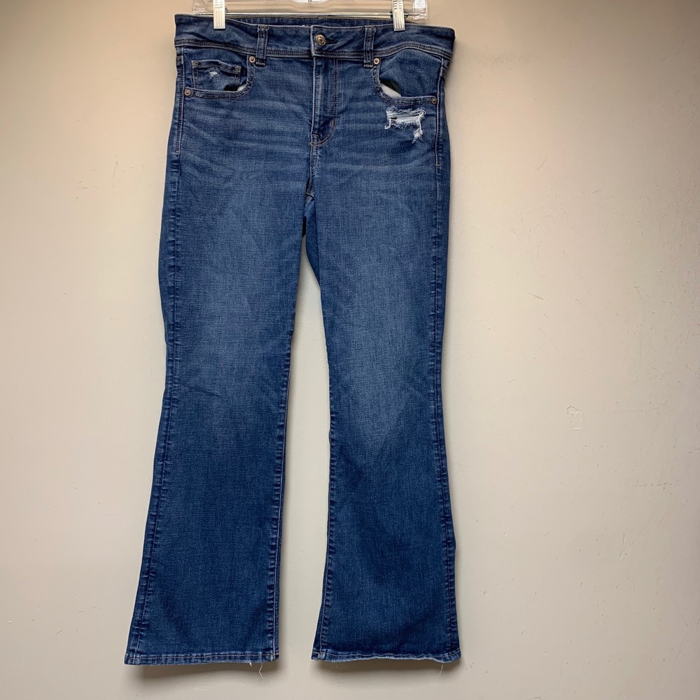 American Eagle Kick Boot Jeans Womens 12 Short Blue Good Distressed Stretch